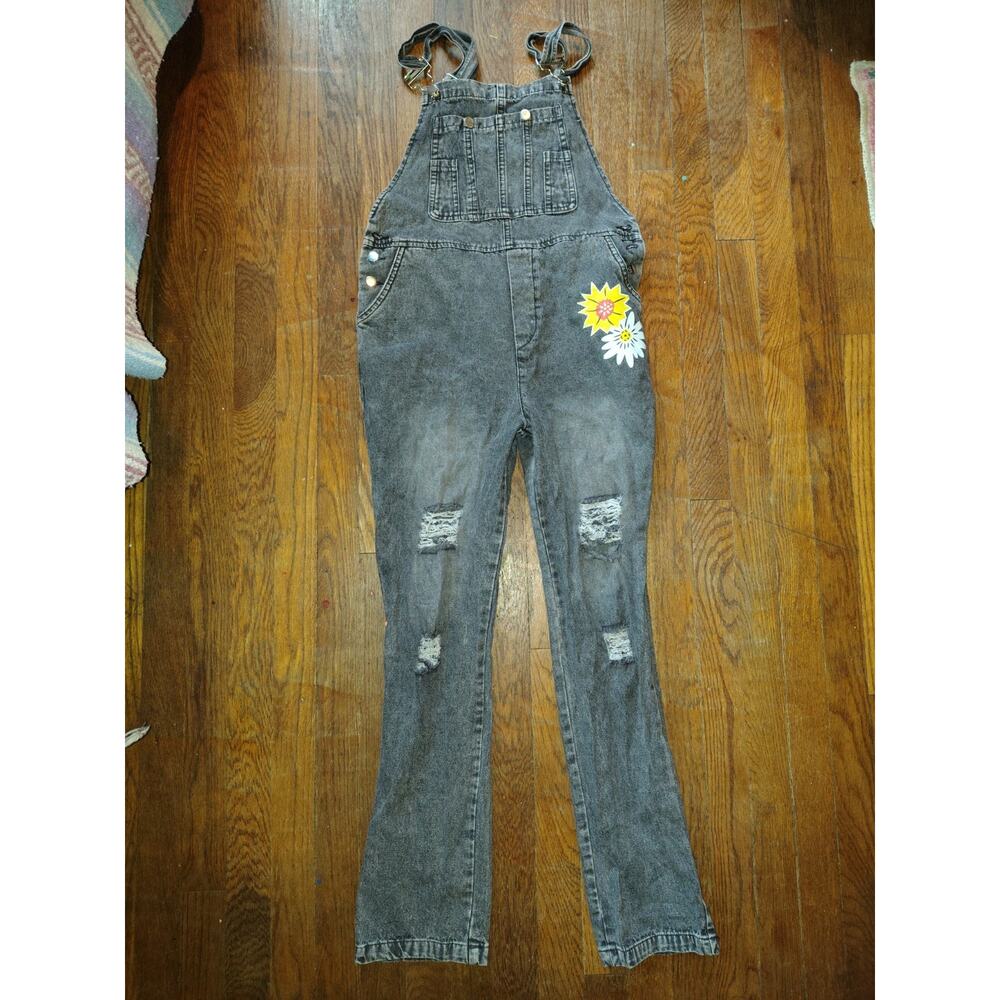 Vintage Black Denim Embroidered Overalls Jumpsuit Size Large Youth
